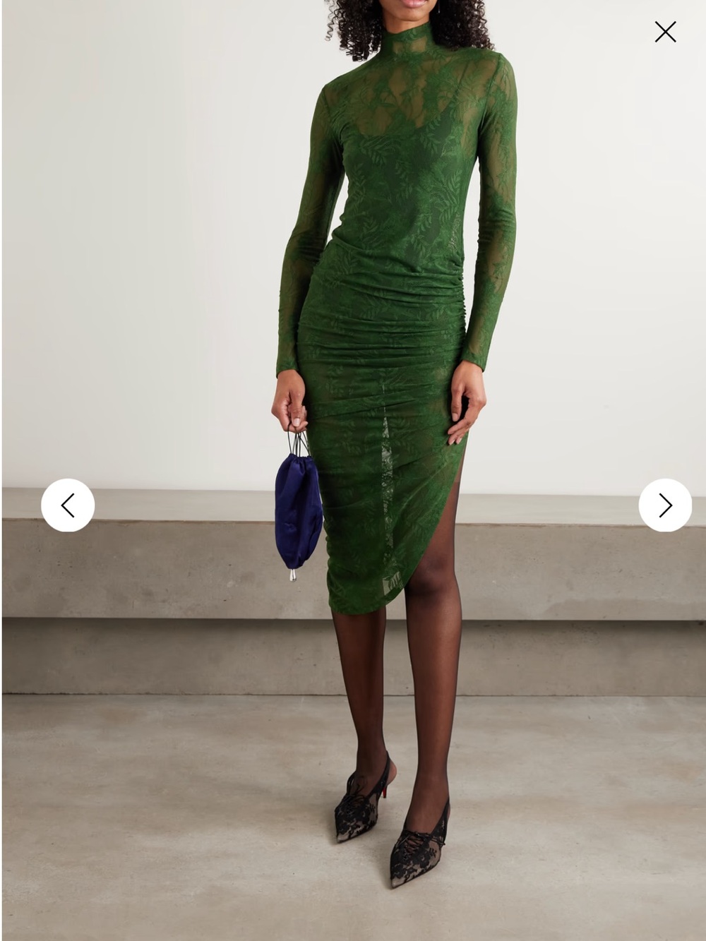 Norma Kamali Forest Green Lace High-Neck Long Sleeve Dress
